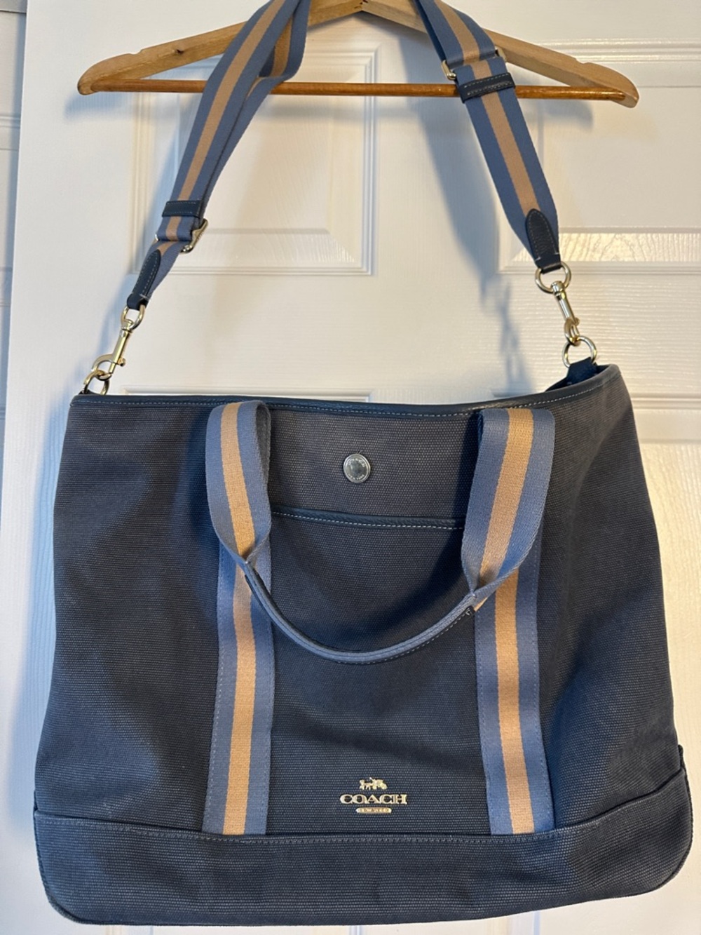 Coach Navy Canvas Tote with Blue and Tan Striped Straps